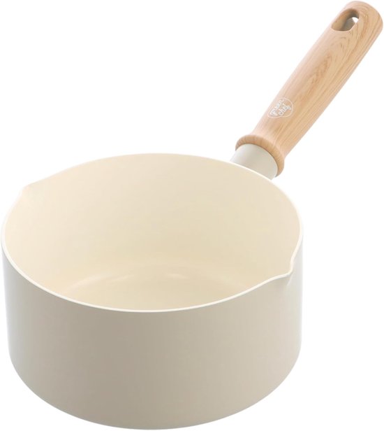 Nordics Keramische Antiaanbak Steelpan 16 cm, Geschikt Voor Inductie, Houtlook Handgreep, PFAS-vrij, Ovenbestendig Tot 220 °C, Vaatwasserbestendig, Crème