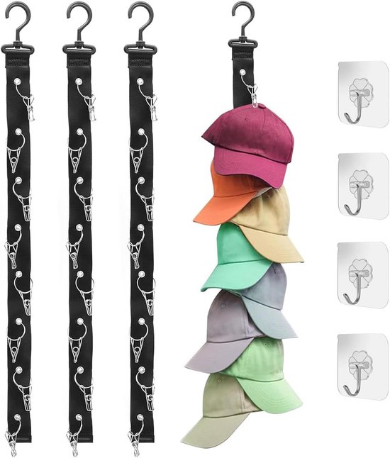 Nylon Hoedhouder voor Muurmontage met 4 Adhesieve Haken - Ideaal voor Baseball Caps, Berets en Zonnehoeden - Zwart van Merkloos