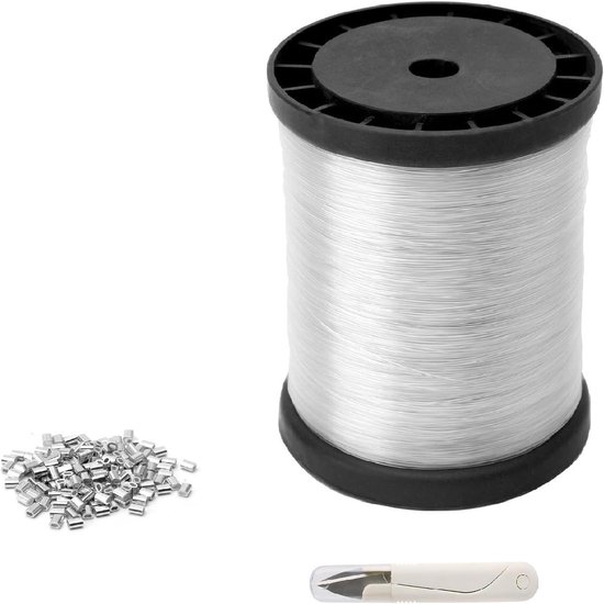 Nylon Vislijn Set 0.8 mm 200 m Transparante Draad voor Vissen en Creatieve Projecten, Inclusief 120 Aluminium Crimp Sleeves en Mini Schaar, Maximaal 16 kg Draagkracht