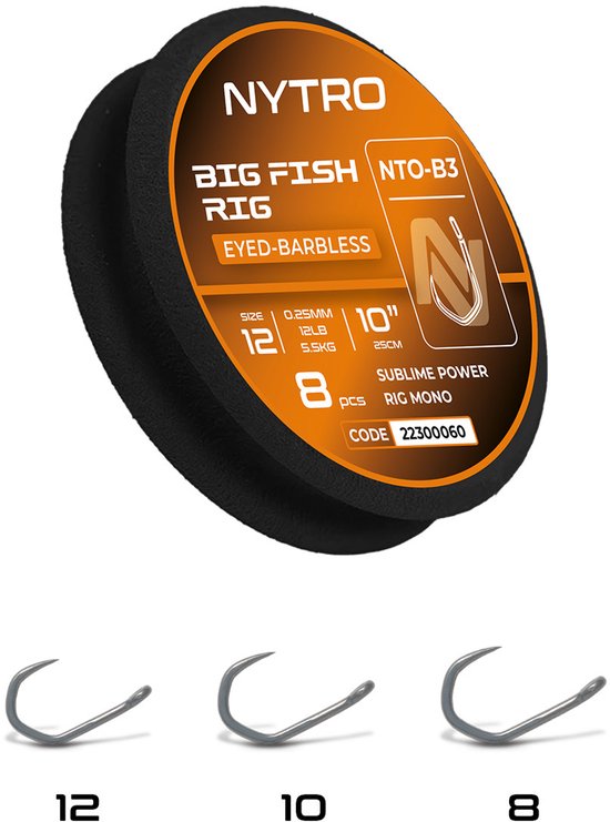Nytro Ready Tied Rigs Big Fish Rig Eyed-Barbless 25cm (8 pcs) - Maat : Haak 12 - 0.25mm