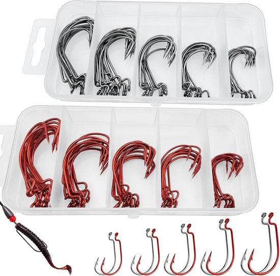 Offset Hooks - 100pcs - 5 Sizes - Drop Shot Hooks - Carbon Steel Worm Fishing Hooks Set - Rubber Bait - Salt Water Fishing Accessories Set van Merkloos