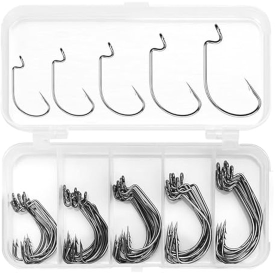 Offset Hooks 50Pcs Fishing Hooks Set 5 Sizes Hooks with Plastic Boxes Carbon Steel Worm Fishing Hooks Set Soft Bait Jigging Fishing Hooks Fishing Accessories van Merkloos