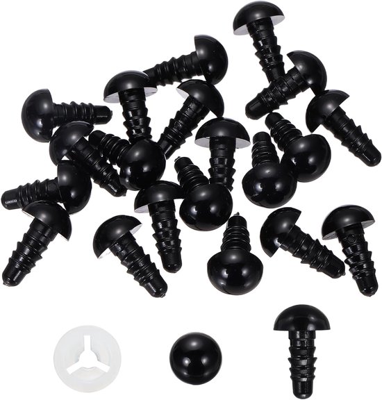 Ogen 10 mm, 30 stuks kunststof ogen voor knutselwerk, met beschermfolie en sluitringen voor pluche dieren, haakspeelgoed, poppen, knutselen, zwart