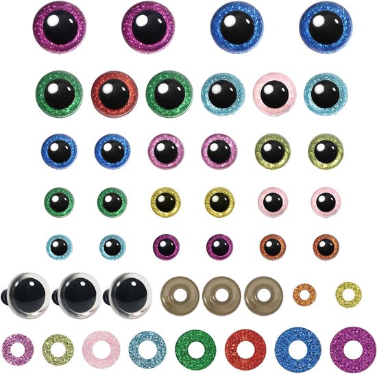 Ogen, 10 mm tot 20 mm, veiligheidsogen voor gehaakte dieren, kunststof, knutseldieren, kleurrijke teddyogen met sluitringen, voor pluche dieren, knuffeldieren, marionet