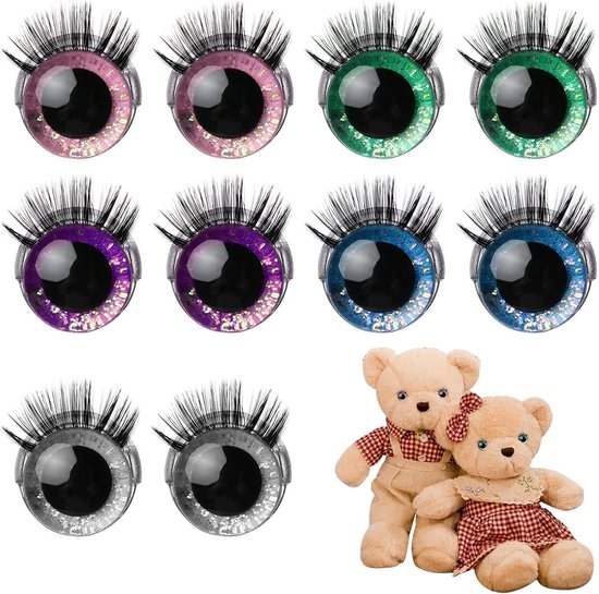 Ogen, 10 stuks, 20 mm, Amigurumi-ogen voor poppen met wimpers en sluitringen, voor Amigurumi-poppen, haakdieren, doe-het-zelf speelgoed, teddypoppen, pluche speelgoed