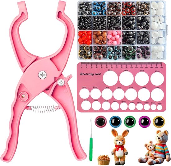Ogen, 1150 stuks, met roze veiligheidsogen en accessoires, haken voor Amigurumi 5-30 mm voor pluche dieren en poppen, veiligheidsogen, haak met meetgereedschap en