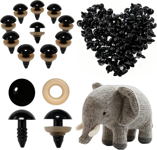 Ogen, 12 mm, met sluitringen voor amigurumi, poppen, poppen en doe-het-zelfprojecten, zwarte kunststof ogen, haakaccessoires, naaien, vilt, knutselwerk en creatief handwerk