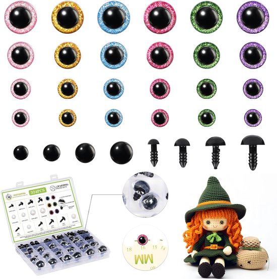 Ogen 324 stuks 6-24 mm veiligheidsogen voor haken met ringen grote veiligheidsogen voor amigurumi plastic haaknogen voor knuffeldieren Valentijnsdag decoraties