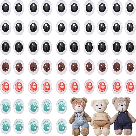 Ogen, 60 sets, 6 kleuren, ovale glazen cabochonogen, veiligheidsogen