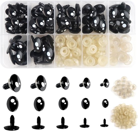 Ogen 8 tot 16 mm Zwart Ovaal van Kunststof met 76 Sluitringen voor Knutselen Poppenspel Pluche Dieren