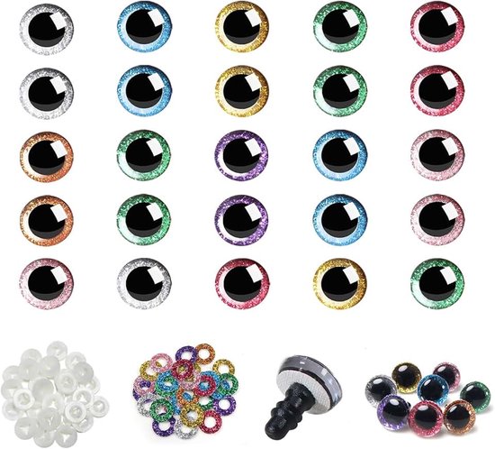 Ogen, amigurumis, van kunststof, pop, met pailletten, fleece, 8 kleuren, 12 mm, handwerk, haken, ronde ogen, met sluitringen, voor poppen en pluche dieren