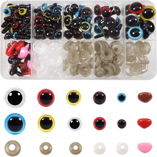 Ogen en Neus Met Sluitringen Meerkleurig Amigurumi Ogen 6 tot 12 mm Kunststof Knutselen Poppenogen voor Het Maken Van Handwerk Gebreide Dierenpoppen