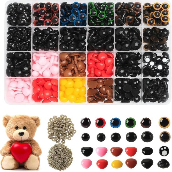 Ogen en neuzen, 6-14 mm veiligheidsogen voor haakdieren, Amigurumi poppenogen en veiligheidsneuzen met sluitringen, kleurrijke en zwarte ogen voor doe-het-zelf