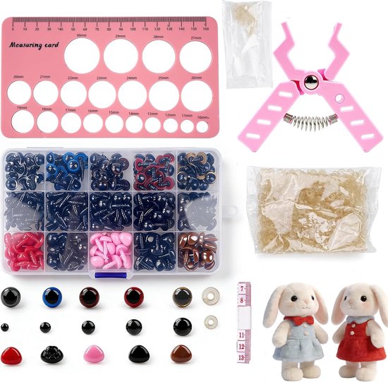 Ogen en neuzen kit - hulpgereedschap voor Amigurumi haken met 752 stuks veiligheidsogen neuzen en tangen meetlint, 5-31 mm maat compatibel (roze)
