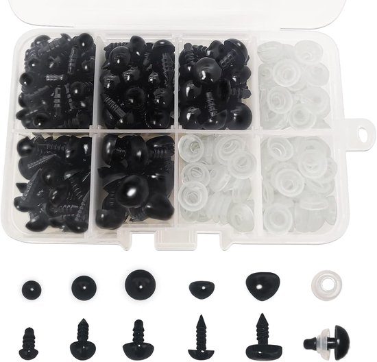 Ogen en veiligheidsneuzen met sluitringen, 6-10 mm, zwart, kunststof, speelgoedogen voor poppenproductie, speelgoed, accessoires, doe-het-zelf