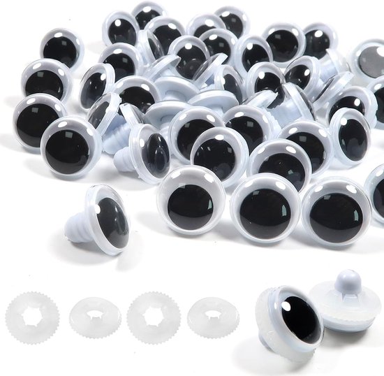 Ogen, grote knoopogen om aan te naaien, 15 mm, kunststof pruik, Googly Eyes, ronde zwarte pop, ogen, veiligheidsogen met sluitringen, voor gehaakte dieren, pluche poppen