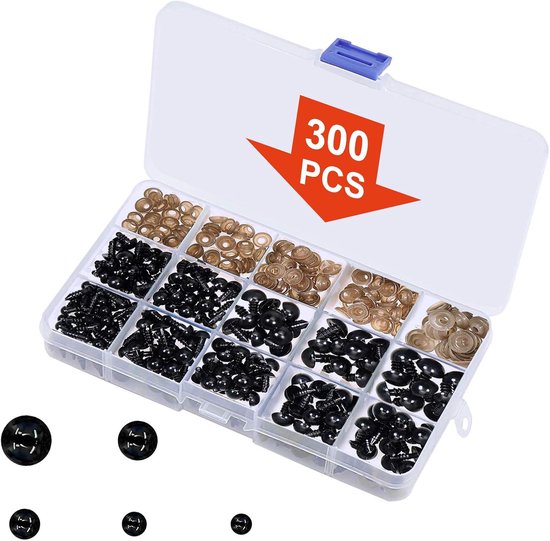 Ogen met ringen, 150 stuks kleine poppenogen knutselspeelgoed ogen teddybeer ogen 6 mm/8 mm/9 mm/10 mm/12 mm, zwarte plastic veiligheidsogen voor het maken van zacht speelgoed / gebreid
