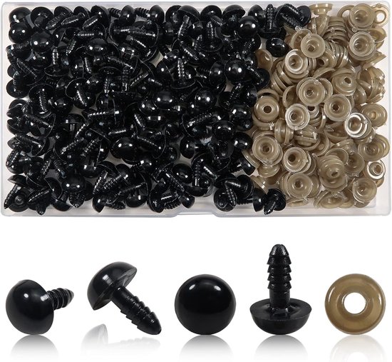 Ogen met Sluitringen 12 mm Zwarte Poppenogen van Kunststof voor Handwerk Sieraden doe-het-zelf Maken van Pluche Dieren