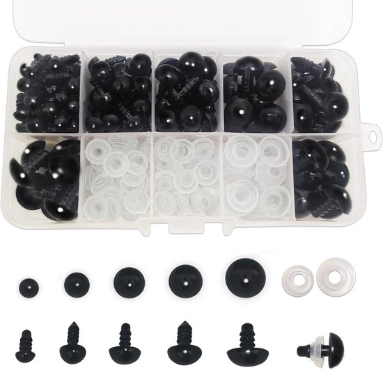 Ogen met sluitringen, 6-14 mm, zwart, kunststof, speelgoedogen voor poppenproductie, speelgoed, accessoires, doe-het-zelf