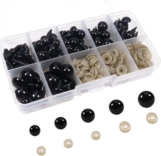 Ogen met Sluitringen 6 tot 12 mm Zwarte Ronde Kunststof Poppenogen voor Marionet Pluche Dier Handwerk | 6 mm tot 12 mm, kunststof zwarte knoopogen, voor poppen, pluche dieren, teddyogen, knutselen, solide en duurzaam