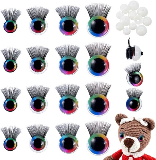 Ogen met wimpers van pluche dieren, 12/14/16/18 mm, regenbooggehaakte ogen voor teddyberen, konijnen, om te knutselen en te knutselen