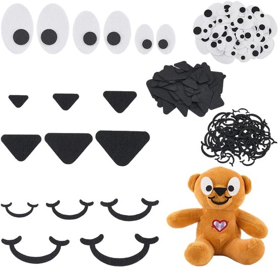 Ogen, neus en mond voor poppen Zwart Witte ogen Zwarte kenmerken Kit Platte achterkant Ovale ogens Driehoekige neus Glimlachende mond Knutselaccessoires Materiaal