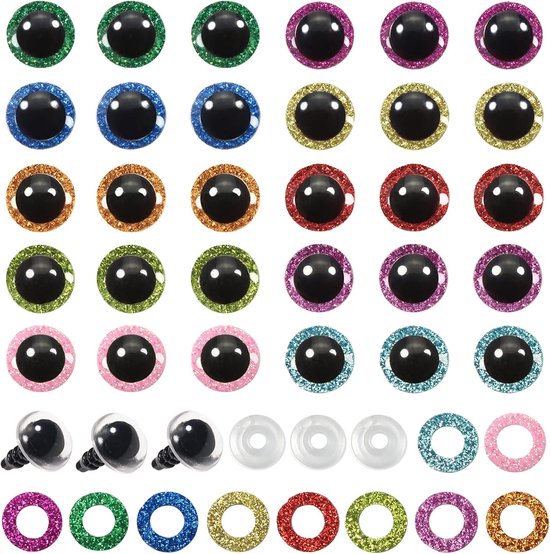 Ogen, poppenogen, dierenogen, kunststof, knutselogen, glitter, kleurrijke ogen met sluitringen, voor gehaakte dieren, marionet, poppenproductie