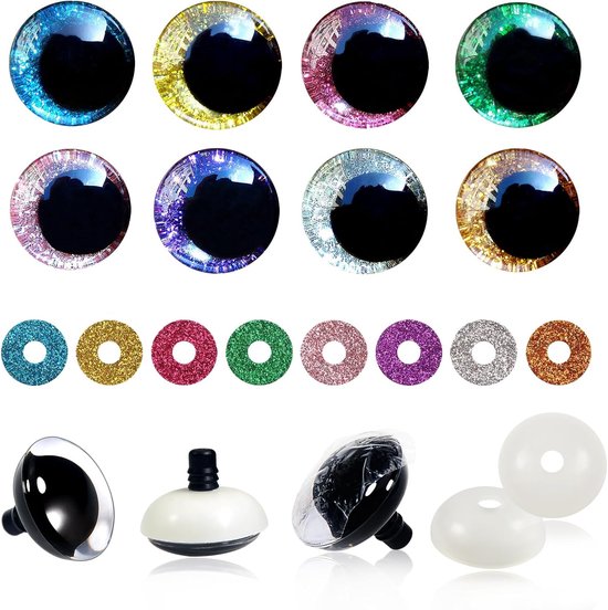 Ogen, poppenogen, glitter, 30 mm, kunststof knutselogen, kleurrijk, knoopogen met sluitringen, voor gehaakte dieren, pop, marionet, pluche dier, teddyogen