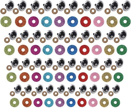 Ogen Set, 100 Stuks Plastic Poppenogen met Glitterschijf en Sluitringen, voor Teddyberen, Poppen, Haken en DIY Speelgoed