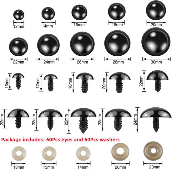 Ogen Set 120 Stuks (12–30 mm) – Zwarte Poppen Ogen met Sluitringen voor Amigurumi, Teddyberen, Knuffels en DIY Poppen Maken