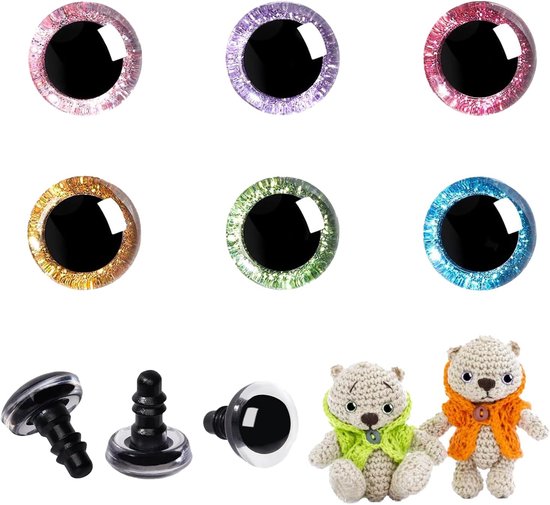 Ogen van kunststof met 3D-glitter, 14 mm, voor Amigurumi-trapezium, haakpoppenogen met sluitringen, ogen 14 mm