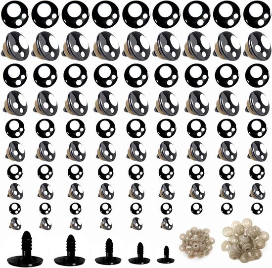 Ogen van kunststof, zwart, poppenogen, met 60 sluitringen, 8 mm, 10 mm, 12 mm, 14 mm, 16 mm, voor knutselen, knutselen, poppenspel, pluche dieren