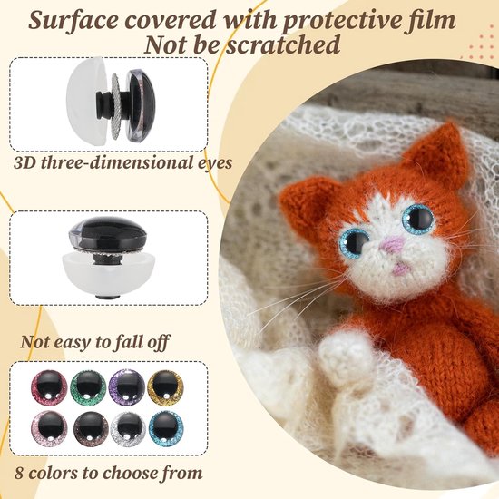 Ogen voor Amigurumi, 12 mm/16 mm/20 mm veiligheidsogen met sluitringen, kleurrijk glinsterend voor amigurumi en pluche dieren, doe-het-zelf knutselwerk (8 kleuren)