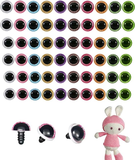 Ogen voor Amigurumi, 30 stuks (12/16/20 mm) met glitter in 10 kleuren, inclusief sluitringen voor poppen, pluche dieren en duurzaam knutselwerk.
