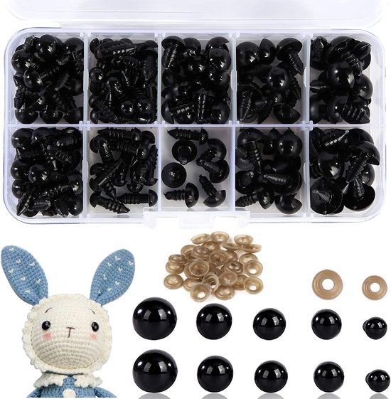 Ogen voor gehaakte dieren, 100 stuks kunststof knoopogen voor pluche dieren, poppenogen met sluitringen, voor pop, pluche dier en teddybeer knutselen, 6-12 mm