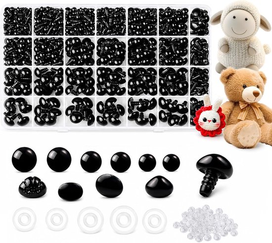 Ogen voor gehaakte dieren, 1000 stuks, 6-14 mm, met sluitring, kunststof knoopogen voor gehaakte dieren, veiligheidsogen, ogen voor Amigurumi-pop, pluche dieren, doe-het-zelf