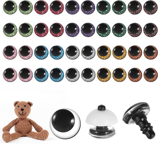 Ogen voor gehaakte dieren, 12 mm veiligheidsogen, poppenogen, glitter, veiligheidsogen met sluitringen, veiligheidsogen voor poppen, pluche dieren, knuffeldieren, marionet (20