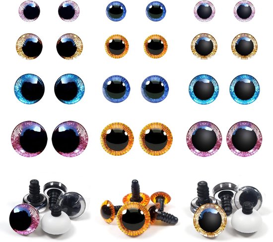 Ogen voor gehaakte dieren 3 soorten poppenogen glitter 11 mm tot 18 mm kunststof knutseloogen veelkleurig knoopogen met sluitringen pop marionet pluche dier