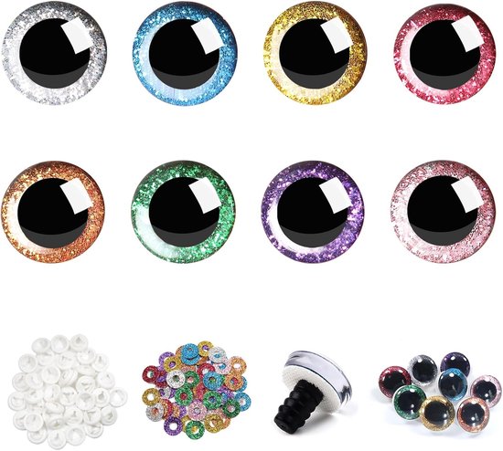 Ogen voor Gehaakte Dieren Glitter 12 mm 8 Kleuren Poppenogen Dierenogen Kunststof Knutselogen voor Marionet Poppenmaken Pluche Dier