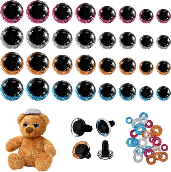 Ogen voor gehaakte dieren, glitterogen voor haakdieren, 4 kleuren, Amigurumi-ogen met sluitringen, veiligheidsogen voor gehaakte dieren, doe-het-zelf poppen, pluche dier, 12