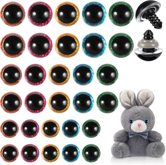 Ogen voor haakdieren, 12 mm/16 mm/18 mm, glitter, veiligheidsogen, kunststof ogen voor haakdieren met sluitringen, Amigurumi-haken, knutselwerk, viltfiguur