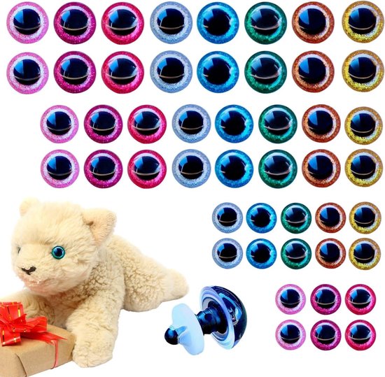 Ogen voor haakdieren, 3D-glitter-kunststof veiligheidsogen, glitter, kleurrijke poppenogen, poppenogen met sluitringen voor knuffeldierogen, doe-het-zelf knutselwerk (20 mm/16 mm