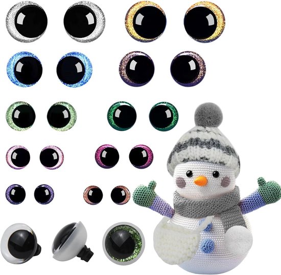 Ogen voor haakdieren, veiligheidsogen, 12-20 mm, voor haken, kleurrijke ogen voor haakdieren, uitgerust met een sjaal, muts en pakket voor pop, pluche dier (12-20)