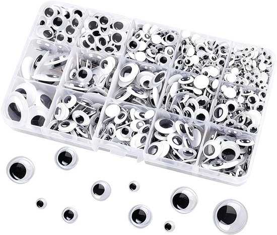 Ogen, zwart/wit, gemengd, 1280 stuks, 15 vakken, knutselogen, stickers voor knutselen, poppen, decoratie, scrapbooking, wenskaarten, kostuums, feestdecoraties, accessoireset