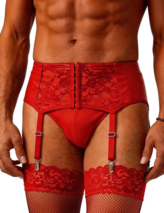 ohmydear Jarretelgordel voor heren, kanten kousenriem met 6 clips, Sissy dessous, kousenhouder, prikkelend ondergoed, grote maten, tuinriem, erotische strings, gay ondergoed
