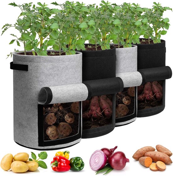 OLOEY Aardappelkweekzakken met klep-10 gallon (ca-38 liter)-4 stuks-plantenpotten met handvatten en oogstvenster voor aardappelen-tomaten en andere groenten-zwart en grijs van Merkloos