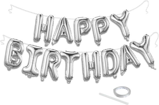 OLOEY Zilveren Happy Birthday ballonnenbanner set-40 cm folieballonnen met letters-herbruikbare verjaardagsdecoraties en feestartikelen-geschikt voor verjaardagen van mannen en vrouwen-feestachtergrond van Merkloos