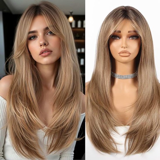 Ombre Lichtbruine pruik voor dames, 61 cm lang, rechte gelaagde pruik met middengedeelte, natuurlijke uitstraling, synthetisch, hittebestendig materiaal voor dagelijks gebruik en feesten