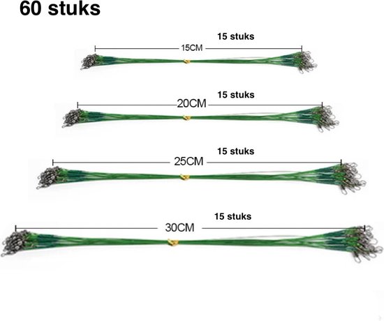 Onderlijnen - Stalen onderlijnen - 60 stuks - Gevlochten vislijn - Quick snap - Barrel wartel - Swivel - 15cm - 20cm - 25cm - 30cm - 0,5mm - 14kg - Groen - Vissen - Roofvissen van Presis