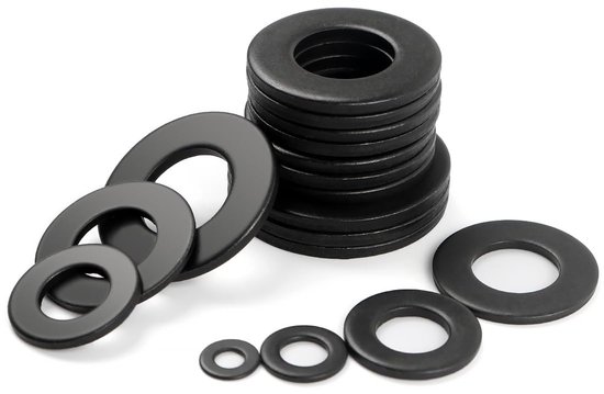 Onderringen plat, 100 stuks M4 x 9 mm sluitring zwart koolstofstaal sluitringen, carrosserieringen, afstandsringen, afdichtringen, voor schroeven, schroefdraadstangen